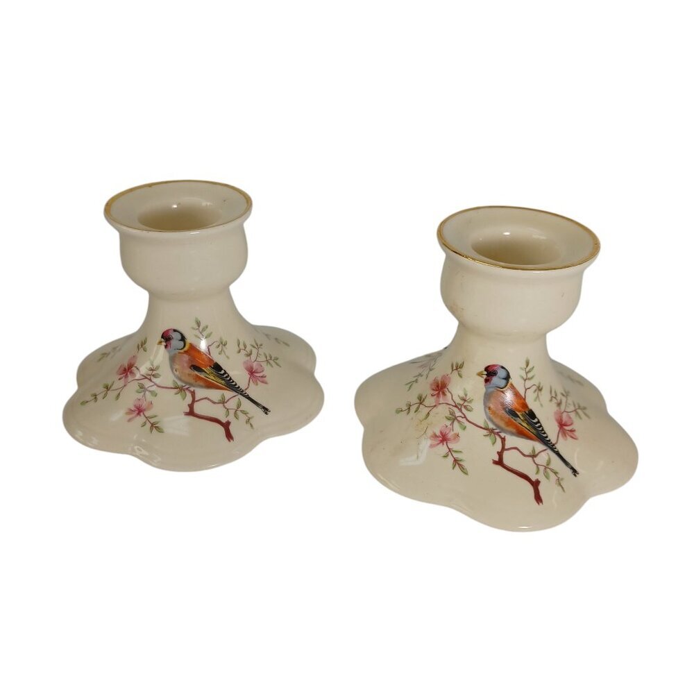Royal Worcester Co Palissy Candle Holders England Floral with Bird Gold Rim
